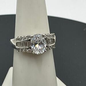 FE Signed Diamonique Signity Sterling Silver Round‎ Baguette Cubic Zirconia Ring
